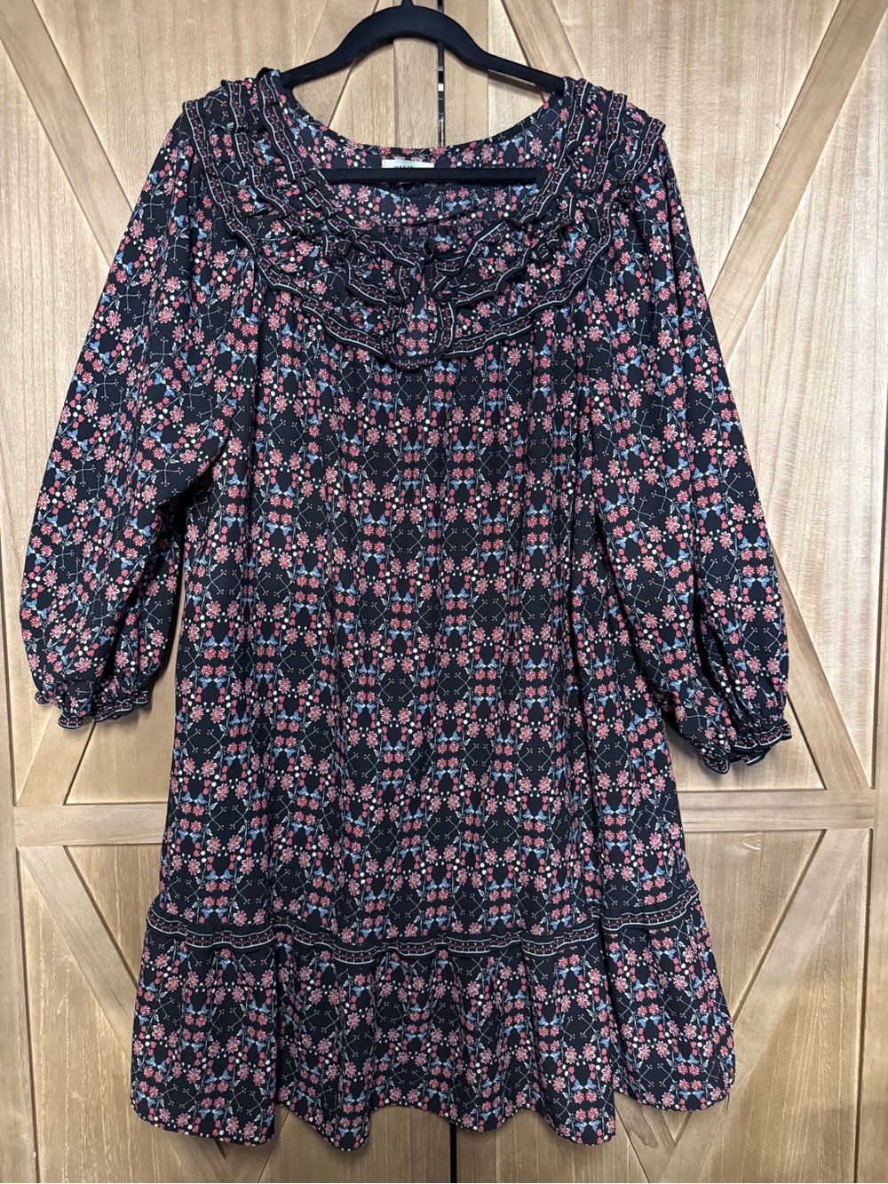 Max Studio EUC Black Floral Ruffled Yoke Dress Size XL PTP 24